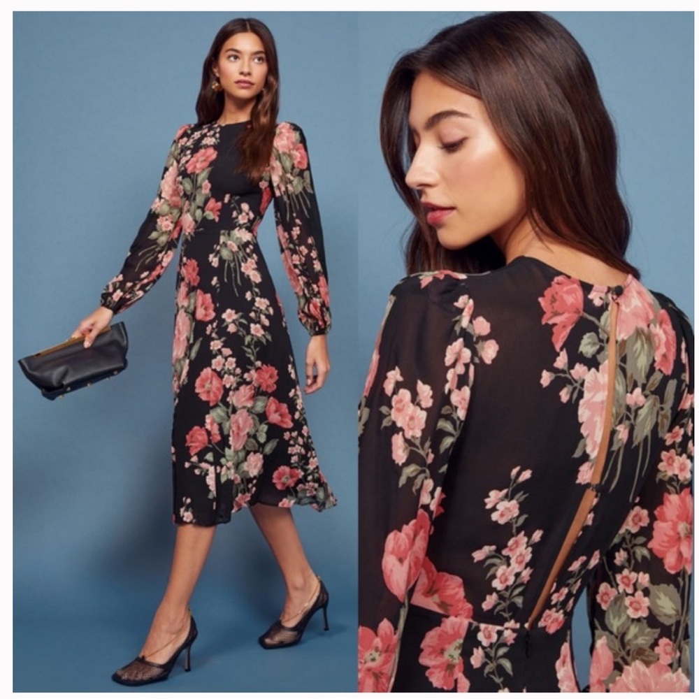 NWT Reformation Black Floral Midi Dress